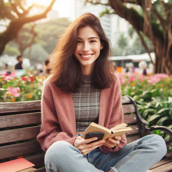 Una mujer joven sonrie en calma en un banco en un parque después de solucionar su problema de ansiedad con hipnosis.