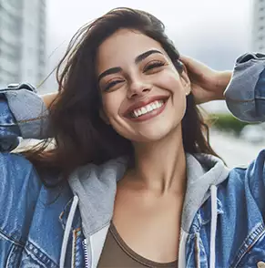 Mujer sin estrés gracias a la hipnosis sonriendo liberada