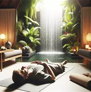 Un hombre en estado de tranquilidad tumbado mientras en hipnosis vive una experiencia relajante liberado del estrés. Un hombre en estado de tranquilidad tumbado mientras en hipnosis vive una experiencia relajante liberado del estrés.