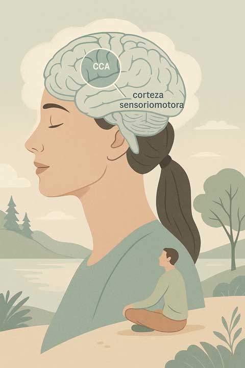 Imagen del cerebro donde destaca el detalle del CCA como el Cortex Cingulado Anterior y la corteza somatosensorial, implicados en procesos hipnóticos