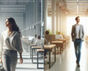 Trabajador y trabajadora caminando por su oficina, imagen que representa cómo la hipnosis ayuda a superar el estrés laboral, el acoso, el mobbing y el burnout para recuperar la felicidad y la libertad personal.