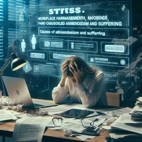 Una mujer estresada en su mesa de oficina totalmente desordenada y desbordada de trabajo, que representa el impacto negativo del estrés y el acoso laboral y el mobbing y burnout en el trabajo. Una mujer estresada en su mesa de oficina totalmente desordenada y desbordada de trabajo, que representa el impacto negativo del estrés y el acoso laboral y el mobbing y burnout en el trabajo.